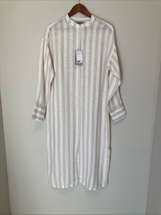 H&M Dresses & Skirts - H&M NWT Striped Button-Front Linen Shirt Dress in Beige & White  XS